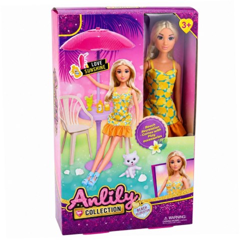 LEAN Toys Lalka Anlily W Żółtej Sukience Z Kotek Meble Ogrodowe Parasol Akcesoria