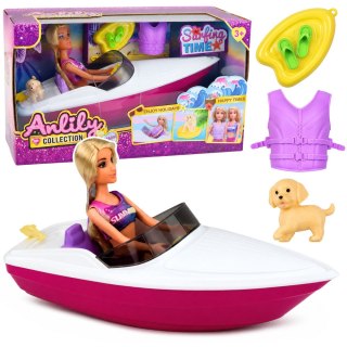 LEAN Toys Lalka Anlily w Motorówce Piesek Szczeniak Kamizelka Deska Akcesoria Zestaw