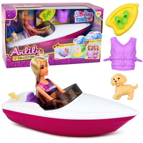 LEAN Toys Lalka Anlily w Motorówce Piesek Szczeniak Kamizelka Deska Akcesoria Zestaw