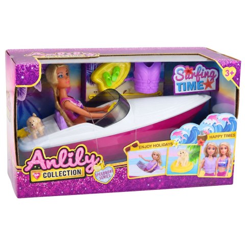 LEAN Toys Lalka Anlily w Motorówce Piesek Szczeniak Kamizelka Deska Akcesoria Zestaw