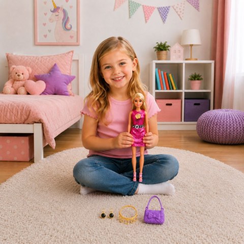 LEAN Toys Lalka Anlily w Różowej Sukience Torebka Biżuteria Akcesoria Zestaw