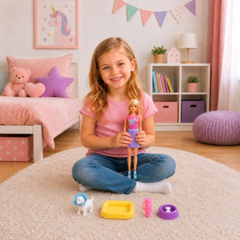 LEAN Toys Lalka Anlily z Białym Pieskiem w Kołnierzu Legowisko Akcesoria Zestaw