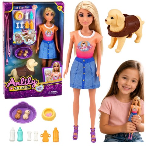 LEAN Toys Lalka Anlily z Dużym Psem i Szczeniakami Akcesoria Do Opieki Zestaw