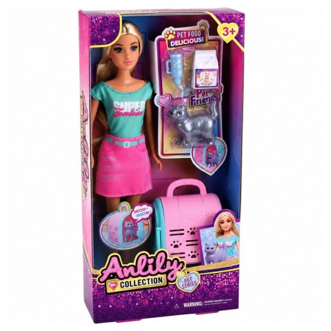 LEAN Toys Lalka Anlily z Transporterem Dla Zwierzaka Kotek Szary Akcesoria Zestaw