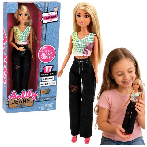 LEAN Toys Lalka Modowa Anlily w Ciemnych Jeansach Kolorowy Top Blond Włosy