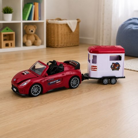 LEAN Toys Samochód Kabriolet Bordowy Z Przyczepą Dla Konia Otwierane Drzwi Zestaw