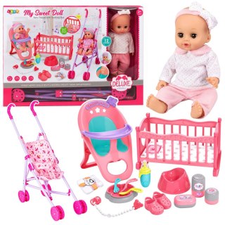 LEAN Toys Zestaw 3w1 Interaktywna Lalka Bobas Siusiająca Kołyska Wózek Akcesoria