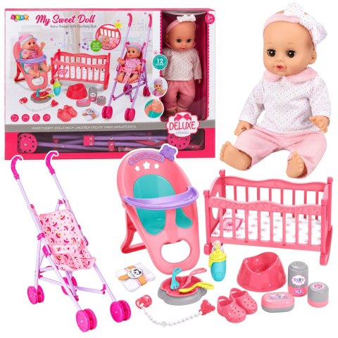 LEAN Toys Zestaw 3w1 Interaktywna Lalka Bobas Siusiająca Kołyska Wózek Akcesoria