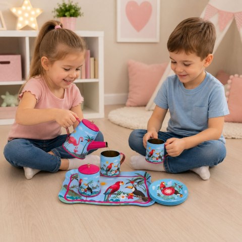 LEAN Toys Zestaw Do Herbaty z Papugami Metalowy Egzotyczny Wzór 12 el.