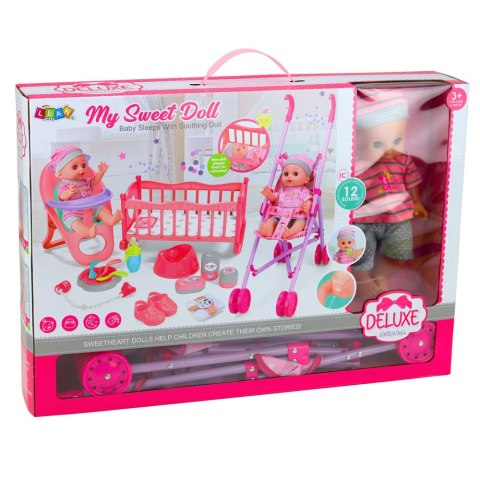 LEAN Toys Zestaw Interaktywna Lalka Bobas Siusiająca Wózek Kołyska Akcesoria 3w1