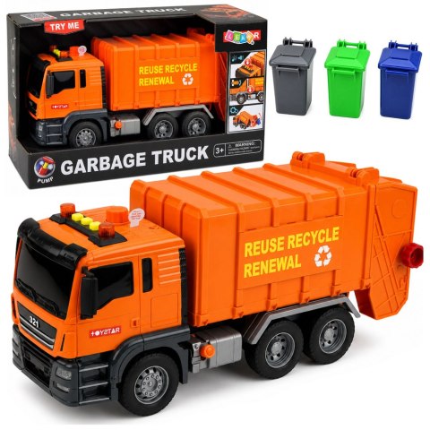 LEAN Toys Ciężarówka Śmieciarka Kosze Na Śmieci Światła Dźwięki Pomarańczowa