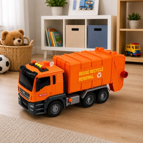 LEAN Toys Ciężarówka Śmieciarka Kosze Na Śmieci Światła Dźwięki Pomarańczowa