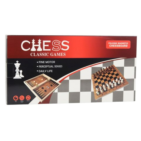 LEAN Toys Klasyczna Gra Logiczna 3w1 Szachy Warcaby Backgammon Drewniane