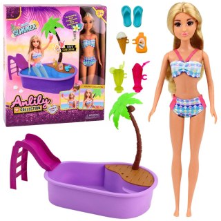 LEAN Toys Lalka Anlily Na Basenie Zjeżdżalnia Palma Akcesoria Plażowe Zestaw