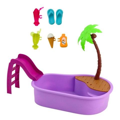 LEAN Toys Lalka Anlily Na Basenie Zjeżdżalnia Palma Akcesoria Plażowe Zestaw