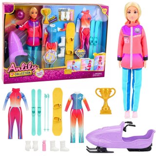 LEAN Toys Lalka Anlily Sporty Zimowe Narty Skuter Deska Snowboardowa Ubrania Zestaw