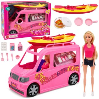 LEAN Toys Lalka Podróżniczka Z Kamperem I Kajakiem Akcesoria Światła Dźwięki Zestaw