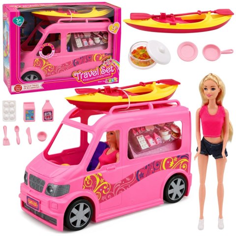 LEAN Toys Lalka Podróżniczka Z Kamperem I Kajakiem Akcesoria Światła Dźwięki Zestaw