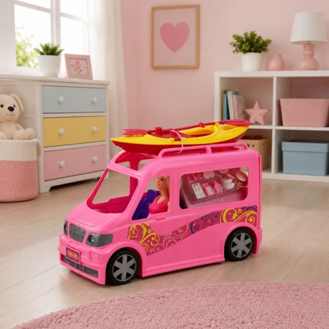 LEAN Toys Lalka Podróżniczka Z Kamperem I Kajakiem Akcesoria Światła Dźwięki Zestaw