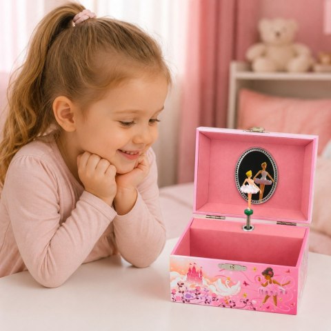 LEAN Toys Pozytywka Kuferek Na Biżuterię Dla Dzieci Nakręcany Z Lusterkiem Różowy