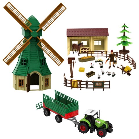 LEAN Toys Zestaw Farma Z Traktorem Wiatrak Stajnia Przyczepa Figurki Zwierzęta 45 el.