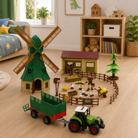 LEAN Toys Zestaw Farma Z Traktorem Wiatrak Stajnia Przyczepa Figurki Zwierzęta 45 el.