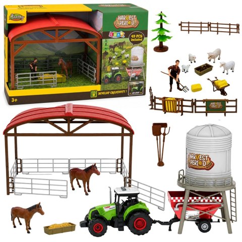 LEAN Toys Zestaw Farma z Traktorem Stajnia Silos Figurki Zwierzęta Narzędzia 49 el.