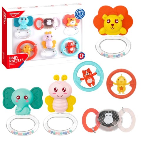 LEAN Toys Zestaw Gryzaków Grzechotek Dla Niemowlaka Zwierzątka 6 ele.