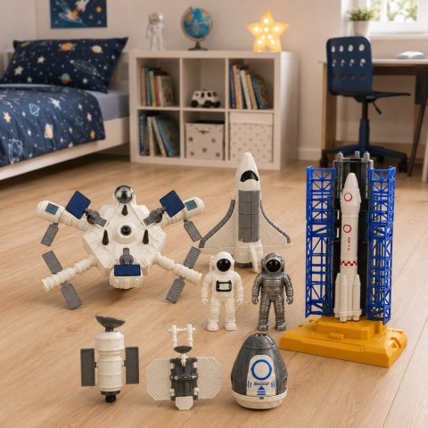 LEAN Toys Zestaw Kosmiczny Stacja Rakieta Wahadłowiec Satelity Kosmonauci Światła