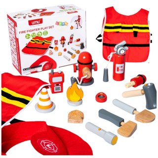 LEAN Toys Zestaw Małego Strażaka Kostium Akcesoria Strażackie Drewno 14 El