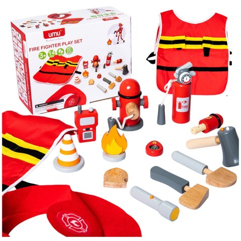 LEAN Toys Zestaw Małego Strażaka Kostium Akcesoria Strażackie Drewno 14 El