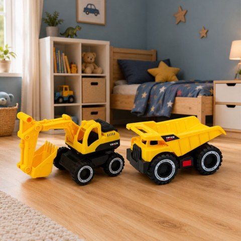 LEAN Toys Zestaw Pojazdów Budowlanych Koparka Wywrotka Ruchome Światła Dźwięki Żółte