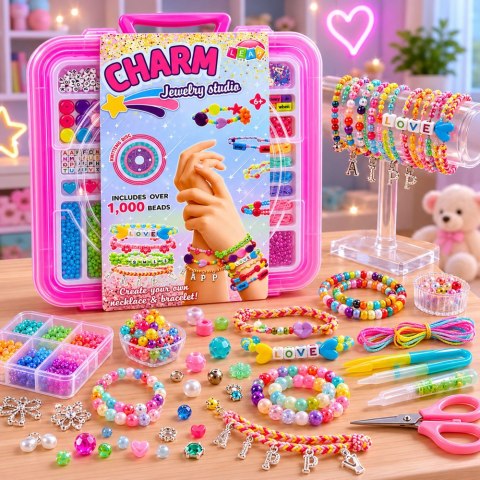LEAN Toys Zestaw Do Tworzenia Biżuterii w Walizce Koraliki Zawieszki Literki 1000 el.