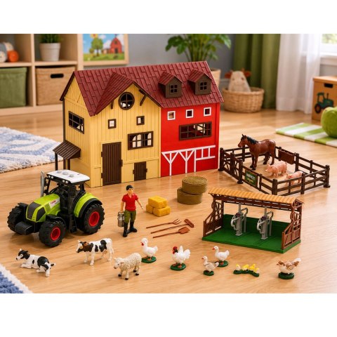 LEAN Toys Zestaw Farma Z Traktorem i Stodołą Zwierzęta Figurki Akcesoria 44 el.