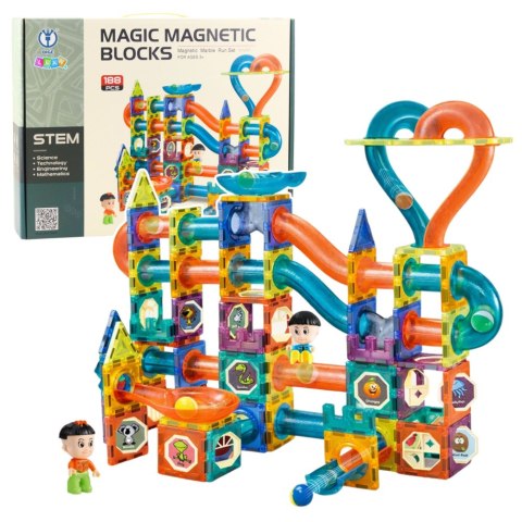 LEAN Toys Zestaw Klocki Magnetyczne Tor Kulkowy Zjeżdżalnia Kolorowe 188 el.
