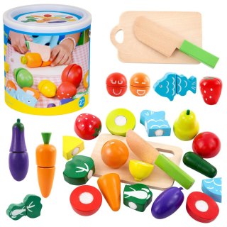 LEAN Toys Zestaw Warzyw i Owoców Do Krojenia W Wiaderku Deska Nóż Drewniane