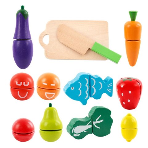 LEAN Toys Zestaw Warzyw i Owoców Do Krojenia W Wiaderku Deska Nóż Drewniane