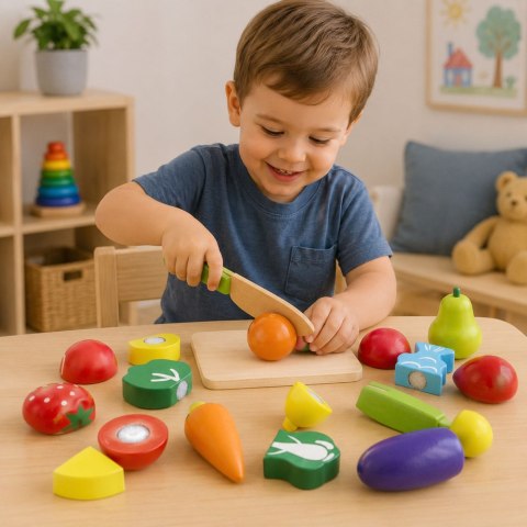 LEAN Toys Zestaw Warzyw i Owoców Do Krojenia W Wiaderku Deska Nóż Drewniane