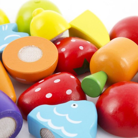 LEAN Toys Zestaw Warzyw i Owoców Do Krojenia W Wiaderku Deska Nóż Drewniane