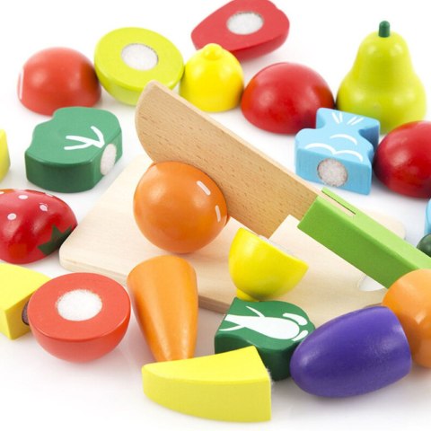 LEAN Toys Zestaw Warzyw i Owoców Do Krojenia W Wiaderku Deska Nóż Drewniane