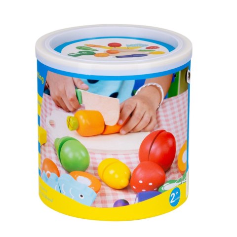 LEAN Toys Zestaw Warzyw i Owoców Do Krojenia W Wiaderku Deska Nóż Drewniane