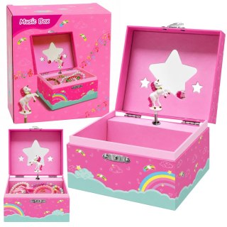 LEAN Toys Kuferek z Pozytywką Szkatułka Na Biżuterię Obracający Się Jednorożec Różowy