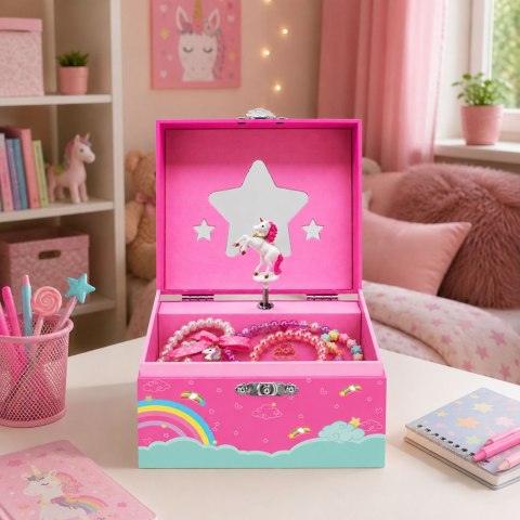 LEAN Toys Kuferek z Pozytywką Szkatułka Na Biżuterię Obracający Się Jednorożec Różowy