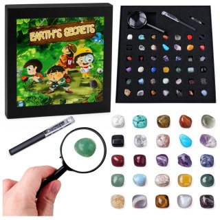 LEAN Toys Zestaw Kamienie Mineralne Naturalne Kryształy Kolekcja Lupa Długopis 43el.