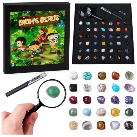 LEAN Toys Zestaw Kamienie Mineralne Naturalne Kryształy Kolekcja Lupa Długopis 43el.