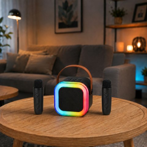 LEAN Zestaw Do Karaoke Głośnik Bluetooth Dwa Mikrofony Światła LED Czarny