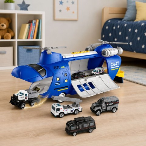 LEAN Toys Duży Samolot Transportowy Rozkładany Policyjny Z Pojazdami Światła Dźwięki