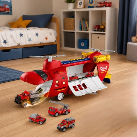 LEAN Toys Duży Samolot Transportowy Rozkładany Strażacki Z Pojazdami Światła Dźwięki