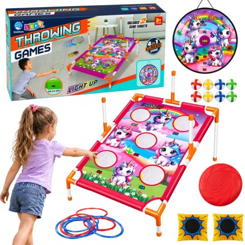 LEAN Toys Gra Zręcznościowa Rzut do Celu 4w1 Tarcza Plansza Jednorożce Obręcze Frisbe