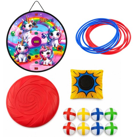 LEAN Toys Gra Zręcznościowa Rzut do Celu 4w1 Tarcza Plansza Jednorożce Obręcze Frisbe